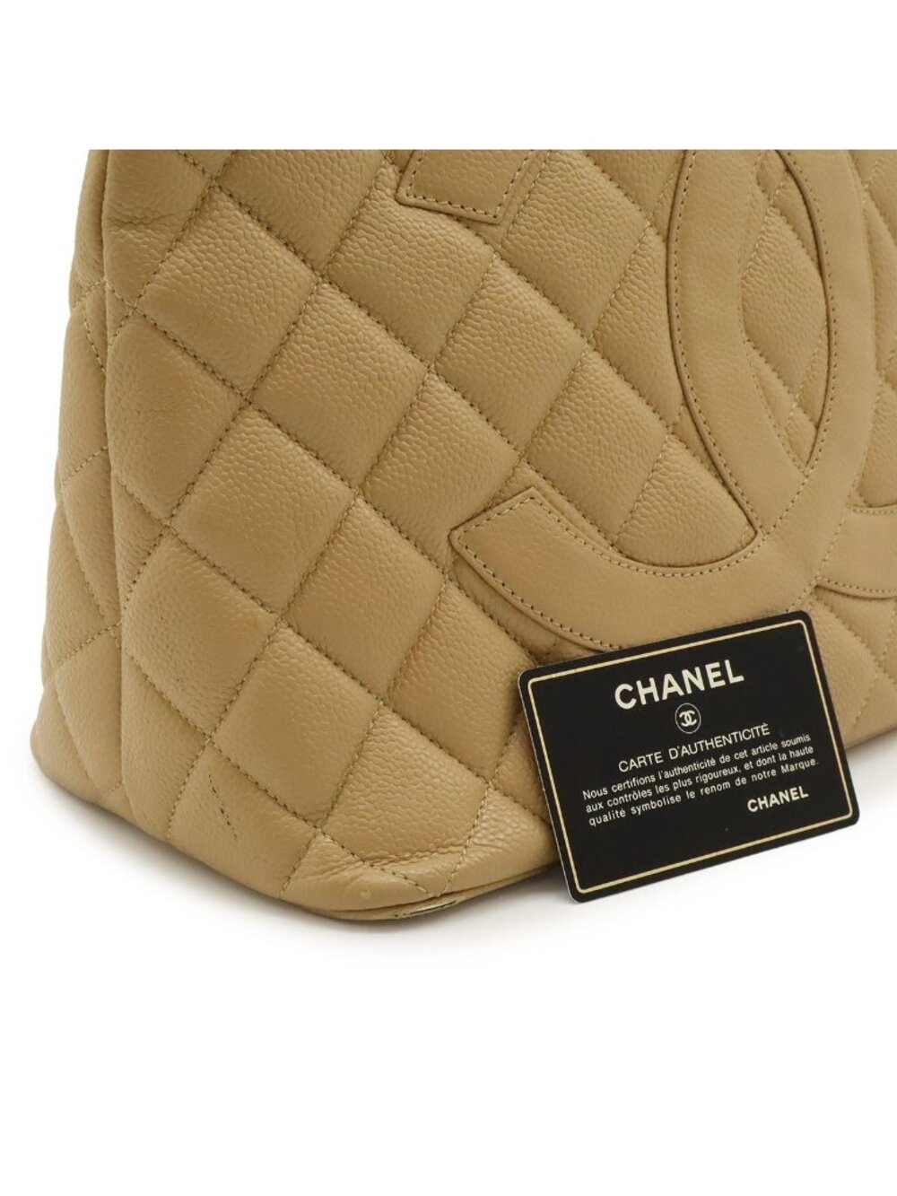 Chanel Quilted CC Logo Medallion Tote Shoulder Bag Caviar Leather Beige Gold - Picture 9 of 9